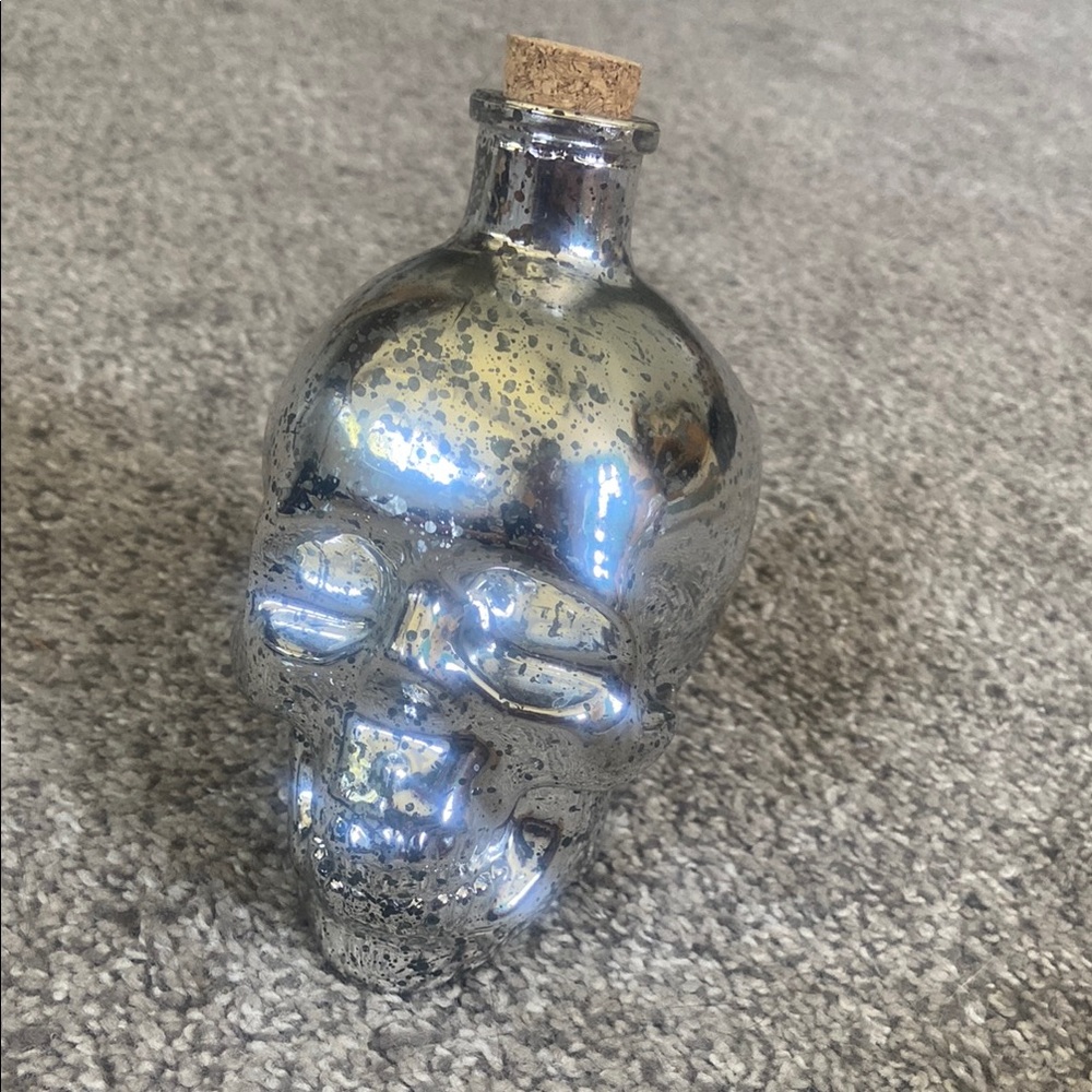 Silver Mercury Glass Skull Decorative Bottle